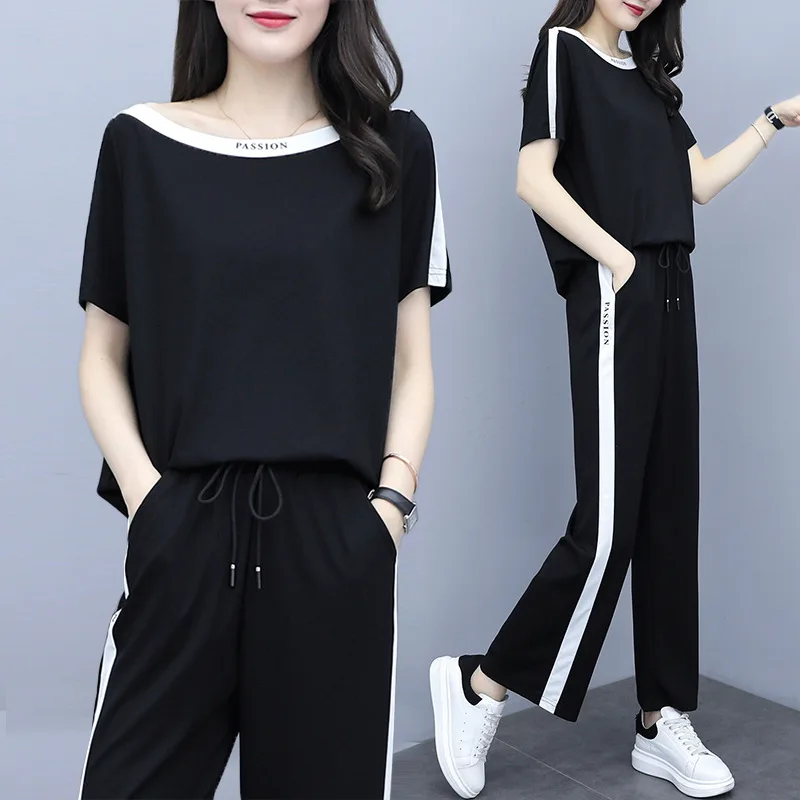 

2019 Summer Wear New Style Korean-style Large Size Dress Fat Mm Loose-Fit Mixed Colors Tops pin tiao Pants Two-Piece Set Women's