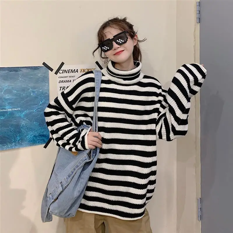 

Winter korean-style striped turtleneck sweater for women