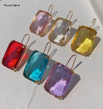 

HUANZHI 2020 New Summer Trendy Colorful Transparent Glass Simple Geometric Square Drop Earrings for Women Girls Party Jewelry