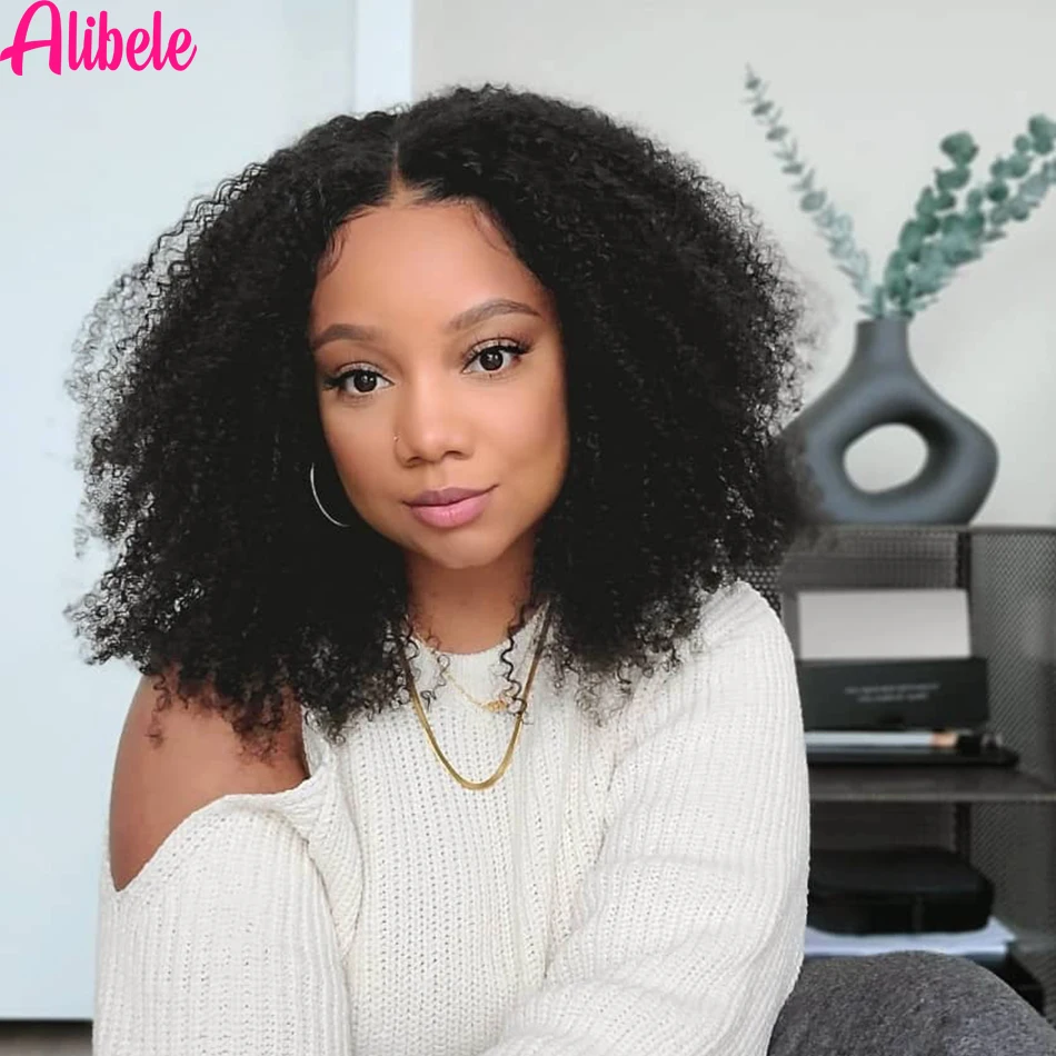 Alibele Mogolian Afro Kinky Curly U-Part Human Hair Wigs For Women 180% Density 4B/4C Half Wig 2x4 Inch Middle Part Natural | Шиньоны и