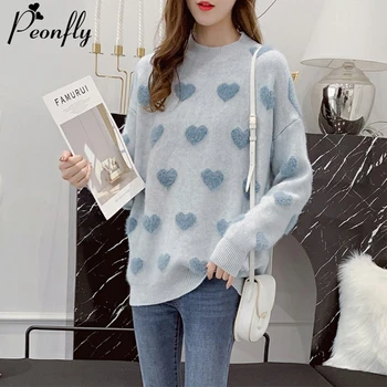 

PEONFLY Kawaii Cute Heart Pattern Knitted Warm Winter Pullover Sweater Women 2020 Korean Jumper Female Blue Pink Red Knitweat
