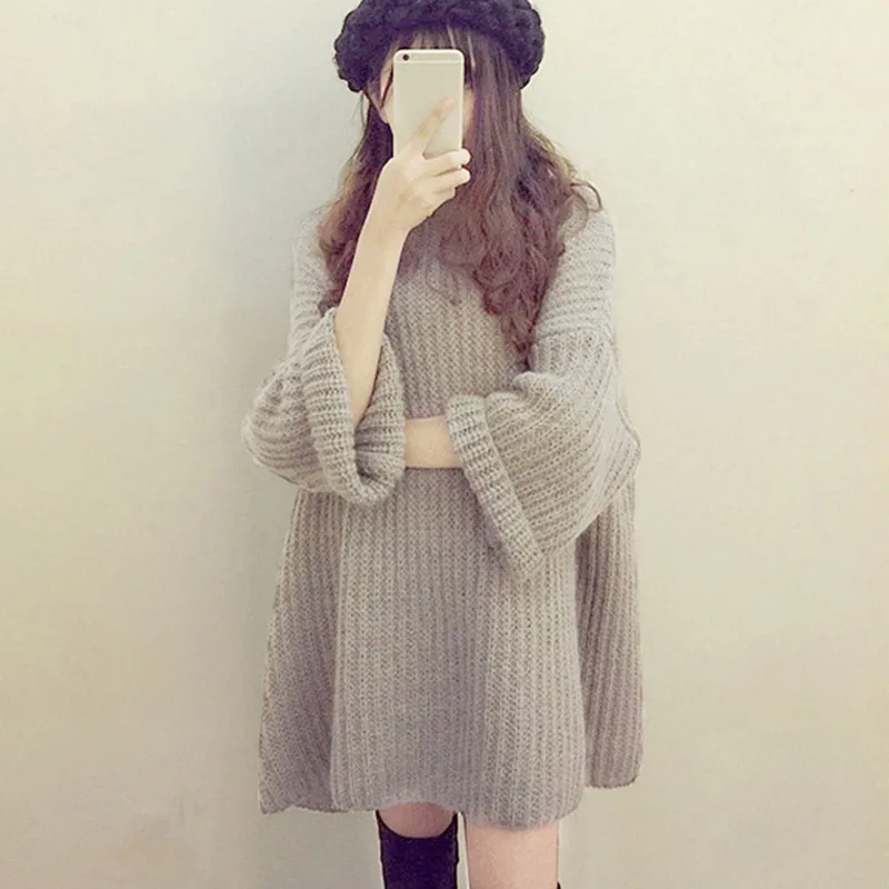 Women Autumn Winter Pullover sweater Solid Color Bat Sleeved Round Collar Loose Bottom Sweet femele clothes | Женская одежда