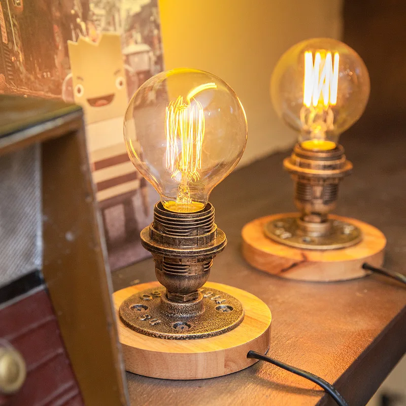 

Vintage Iron Pipe Wood Table Lamps Loft Decor Industrial Lamp Bedside Bar Desk Lighting Retro Edison Led Stand Light Fixtures