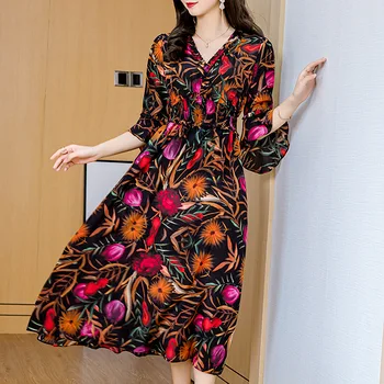 

Real Silk Vintage Summer Dress Women Spring Long Sexy Dresses 2020 Elegant Boho Ruffles Floral Vestidos Mori Black Party Dress