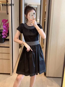 

New Arrival Cotton Dress 2020 Summer Style Women Embroidery Stitching Short Sleeve Slim Fitted A-Line Black White Basic Dress