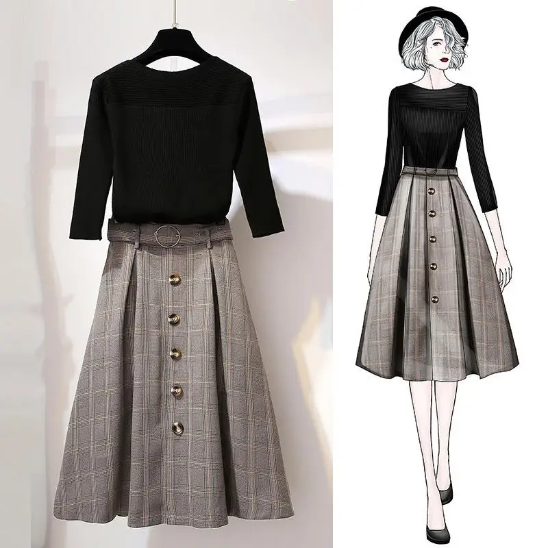 

Winter Casual 2 Pieces Sets Woman Solid Knitting Tops+Grid Skirt Suits Ladies OL Office Wear Autumn 2 Pcs Set Woman Outfits
