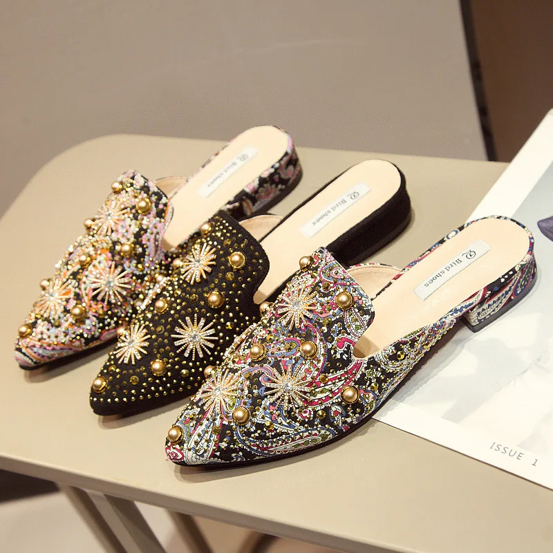 

Slipper Women's Outer Wear 2019 New Style Pearl Magic Loafers Pointed-Toe Wearable Flat Heel Sandles Women