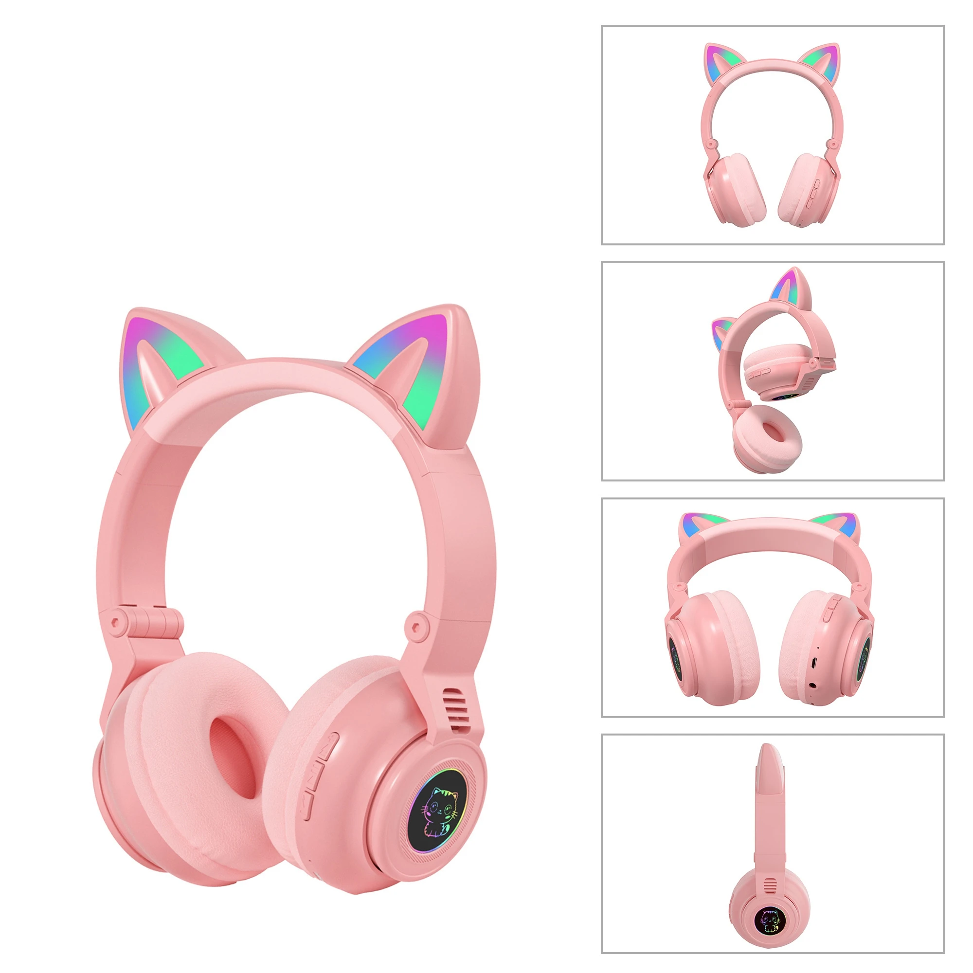Cute RGB Kitten wireless Headsets Bluetooth 5.0 Bass Noise Cancellation Adult Child Girl Headset Support TF Card Helmet with Mic