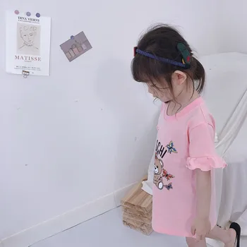

2020 Summer Girls New Cotton Flouncing Lotus Sleeve Print Cartoon Loose Straight Long T-shirt Baby Dress Kids Children 100-140