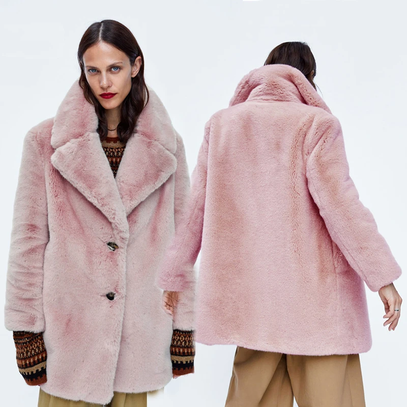 Зимнее пальто из искусственного меха, Женские Толстые Длинные куртки из меха кролика Рекс, леопардовые пушистые куртки с отворотом размера плюс, искусственный мех, розовая плюшевая одежда - Цвет: Pink
