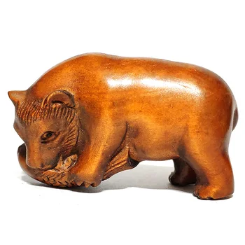 

Y7120 - Stunning 2 inch Hand Carved Boxwood Netsuke Figurine: Bear and Fish Home Decor