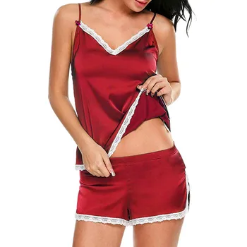 

Fashion Pajamas For Women Sexy Satin Silk Floral Lace Bow Camisole Shorts Set Pajamas Underwear Sleepwear Lingerie Set L58