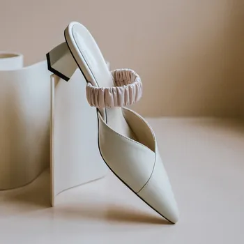 

Mule Shoes Sandals Pointed Toe Block Heel Slippers Slip On Pumps Slingback Slides Real Leather Outdoor Slipper Platform