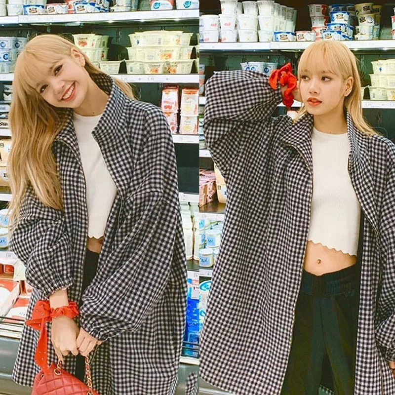 kpop Korean Celebrity Black white plaid temperament elegant jacket women spring new loose long jackets ladies Harajuku coat | Женская