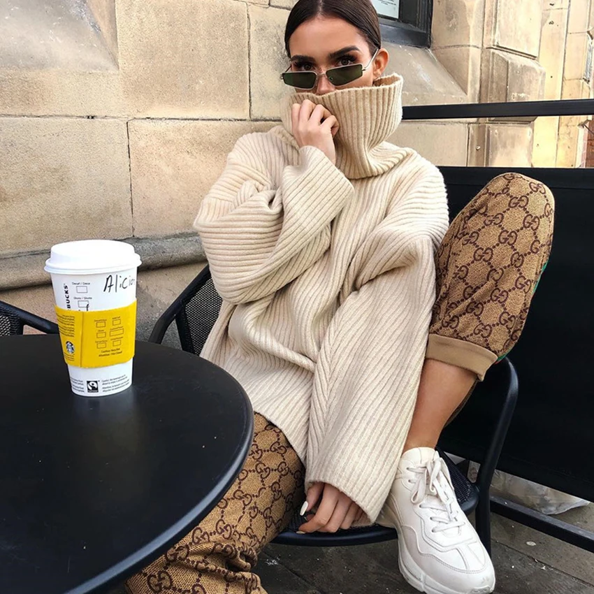Casual Striped Khaki Sweater Jumpes Autumn Winter Knitting Women Pullover Solid Loose Turtleneck Female Streetwear Thick | Женская