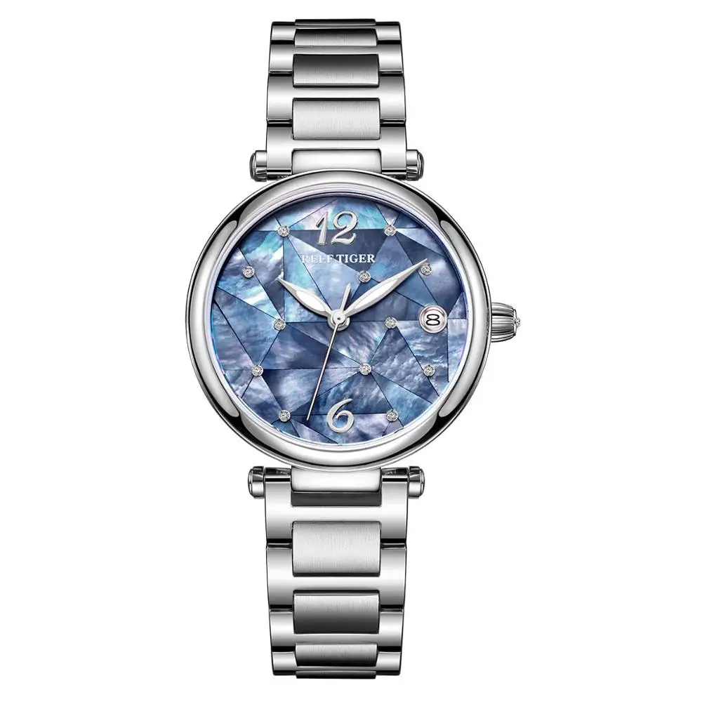 Риф Тигр/RT дизайн роскошные нержавеющая сталь синий циферблат автоматические часы для женщин из натуральной кожи ремешок часы RGA1584 - Цвет: RGA1584-YLS