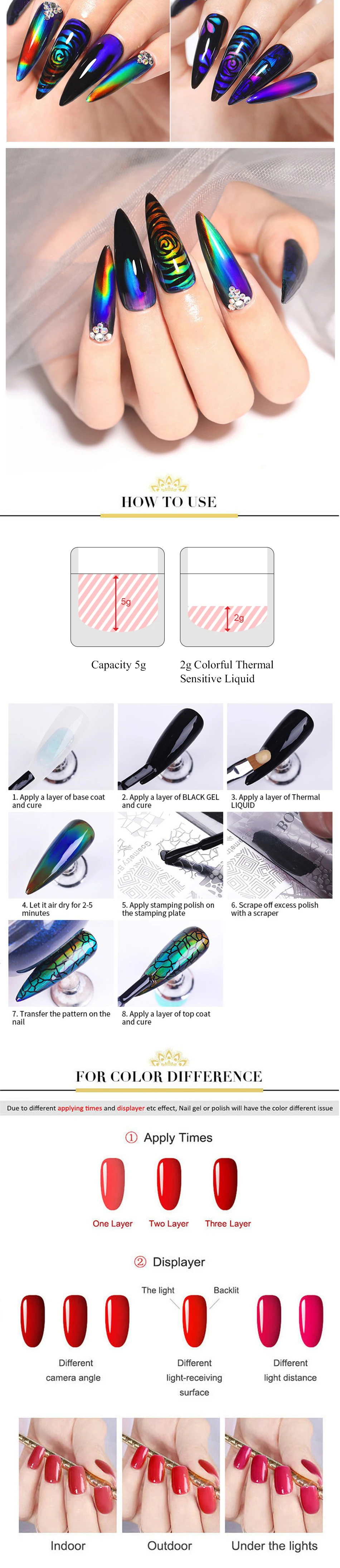 BORN PRETTY Touch термочувствительный жидкий Набор для штамповки ногтей меняющий цвет жидкий лак для ногтей Черная Основа 2 г