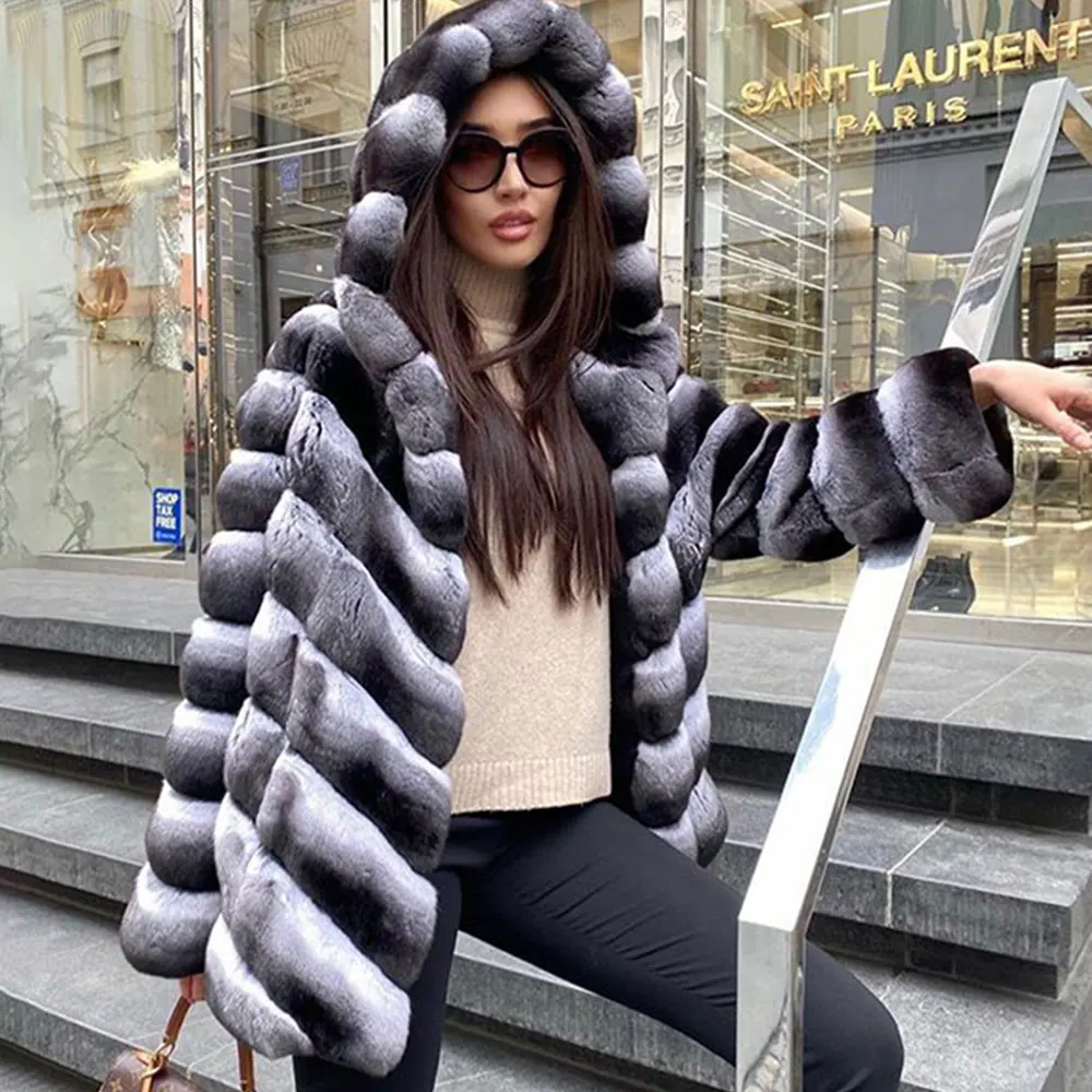 Fashion Women Rex Rabbit Fur Jacket with Hood High Street Medium Length Women Full Pelt Genuine Rex Rabbit Fur Coats Outwear