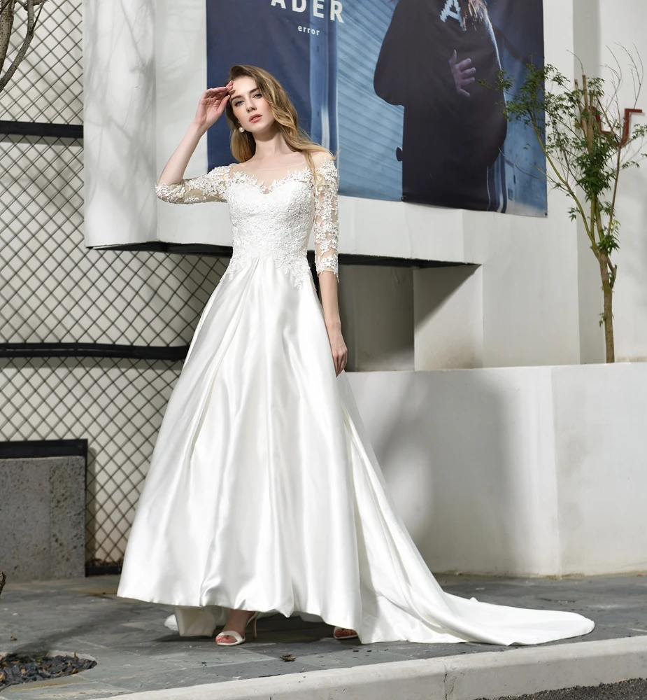 Vestido de noiva, свадебные платья белого цвета и цвета слоновой кости, платья из сатина с кружевами и аппликациями с рукавом «три четверти» трапециевидной формы со складками невесты платье с длинным шлейфом