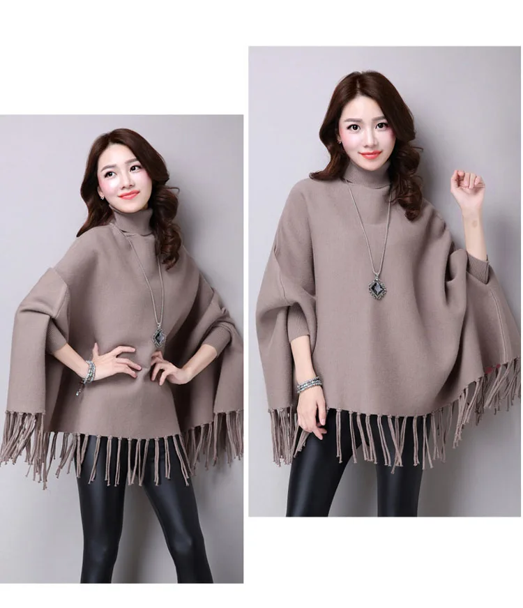 Winter Autumn Female Solid Sweater Pullovers Warm Turtleneck Knitted Poncho Sweaters Oversized Coat Chic Tassel Tops