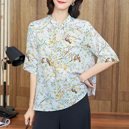 

floral silk blouses ladies office sexy fashion casual white print bird flower shirts tops 2019 summer women plus size free ship