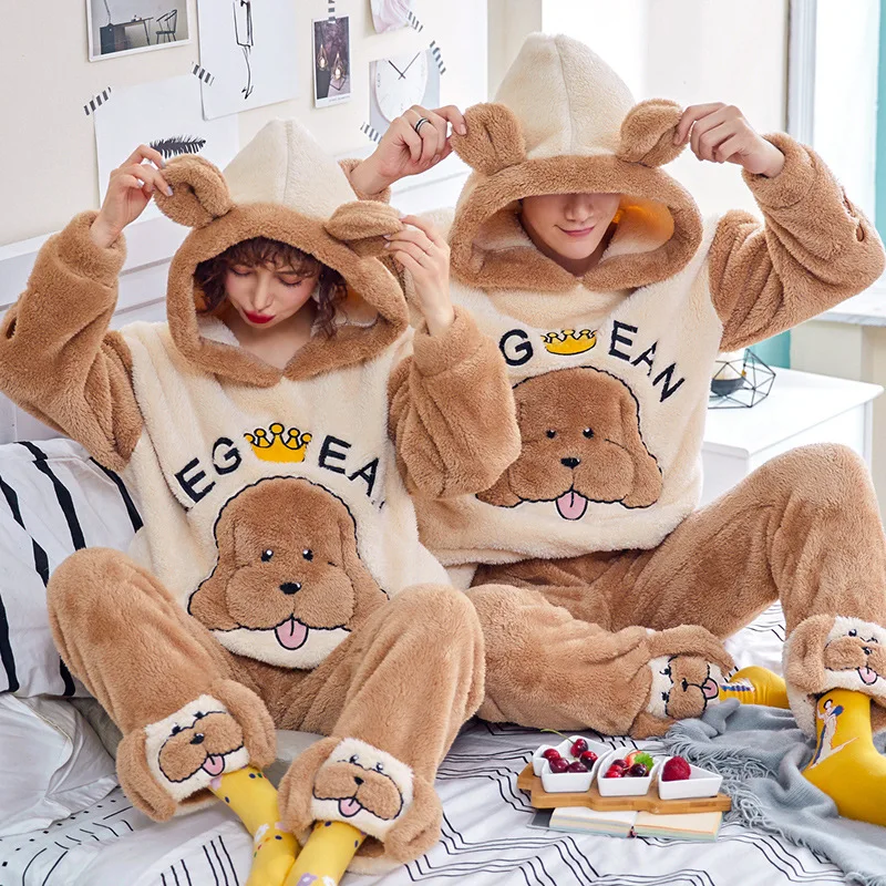 mens pajama shorts set Warm Men's Pajamas Winter Flannel Couple Pajamas Unisex Adult Anime Cartoon Cute Sleepwear Thicken Hooded Women Men Home Clothes cotton loungewear Pajama Sets