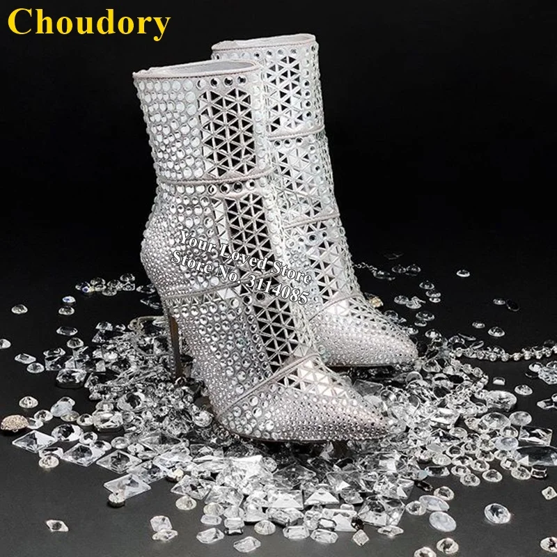 银色缝线水钻钉珠尖头短靴 (2)