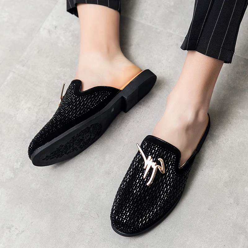 Luxury Diamond Men Slipper Mules Backless Loafers Men Leather Shoes Retro Flat Heel Party Slippers Slip On Shoes Chaussure Homme