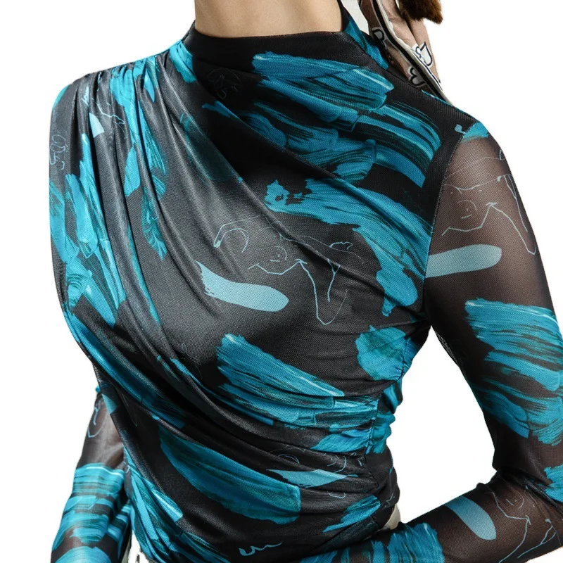 Printed High Quality Mesh TShirts Tees Women Turtleneck Full Sleeve T Shirts Lady Elegant Elastic Shirring Tops Female T-Shirt | Женская