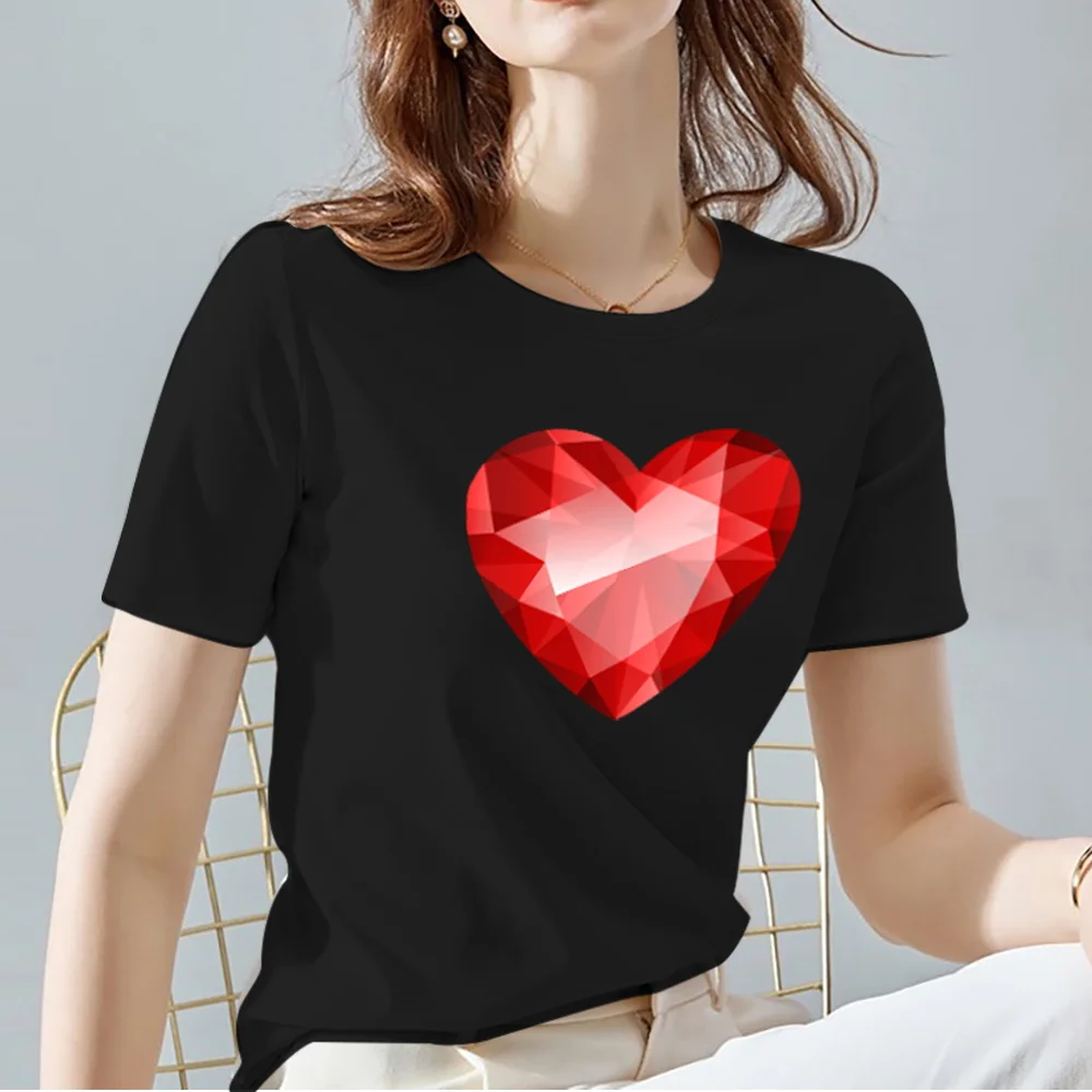 Women Tops Tee Black All-match Casual Ladies T-Shirts O Neck Love Heart Pattern Print Commuter Short Sleeve Women's Clothing friends t shirt Tees