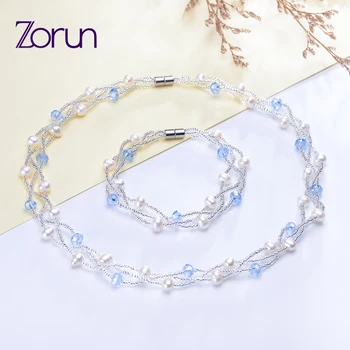 

Zorun Genuine Natural Freshwater Pearl Sets Necklace and Bracelet Fine Jewelry 5-6mm with Magnetic Clasp for Women New Design