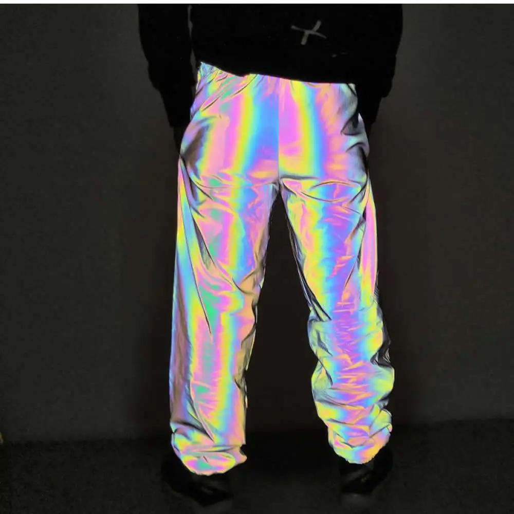 

Net Lining Lace Up Colorful Reflective Pants Men Loose Long Casual Streetwear Hip Hop Jogger Pants