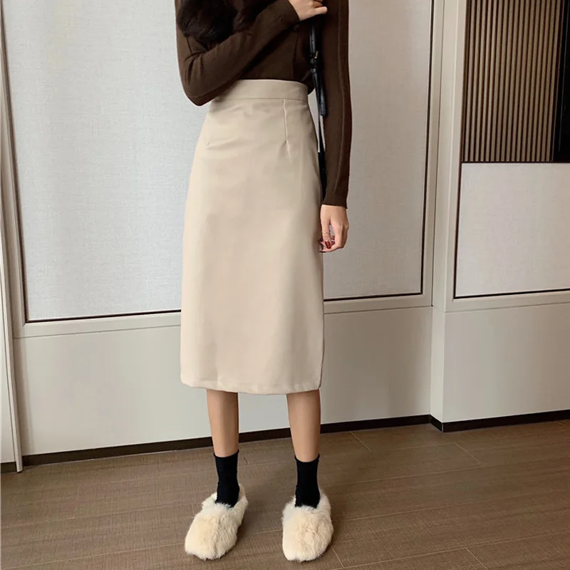 BGTEEVER Vintage PU Leather Straight Skirts for Women High Waist Slit Package Hip Skirts Faux-leather Bodycon Female Skirt