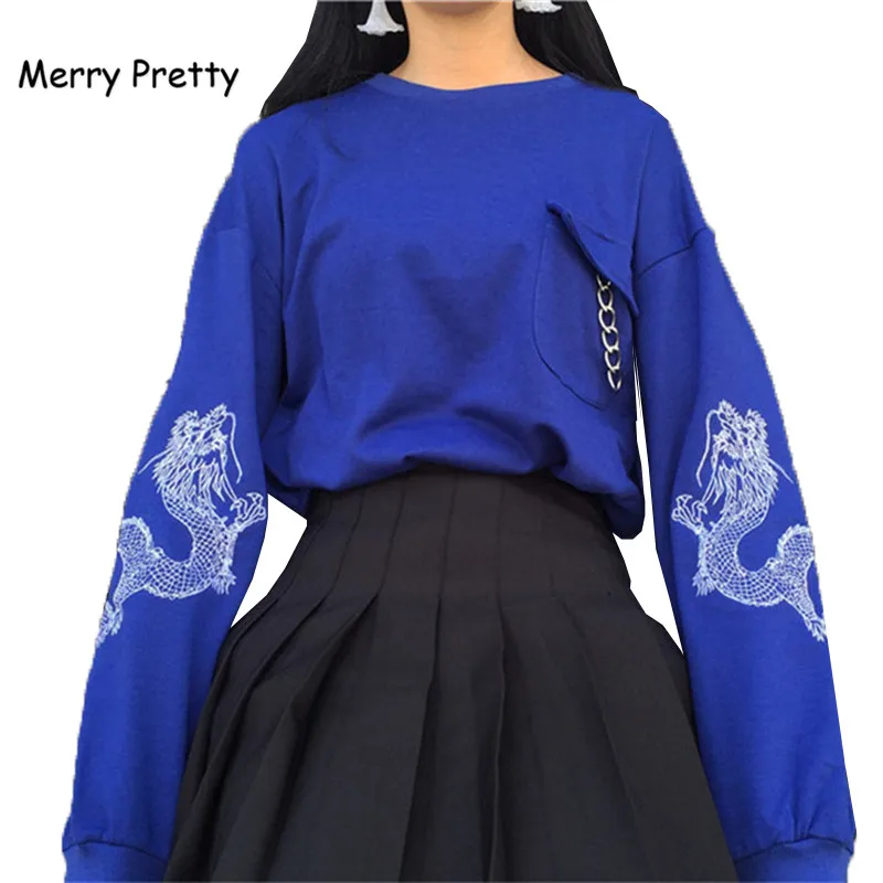 

Merry Pretty Harajuku Dragon Embroidery Blue Hoodie Women Sweatshirt Black Pullover Tracksuit Punk Rock Metal Chain Gothic Tops
