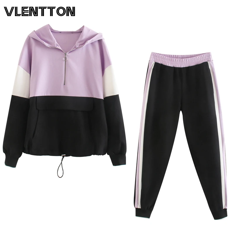 

2020 Spring Tracksuit Two Piece Set Women Splice Hooded Jacket Coat+Elastic Joggers Pants Suit Casual Loose Sport Outfit Female