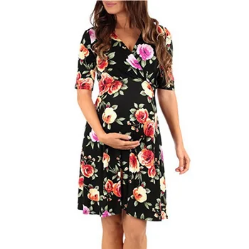 

Maternity Dresses V-Neck Short Sleeve Pregnant Mother Floral Wrap Belt Dress Maternity Clothing New Spring Summer Sundress