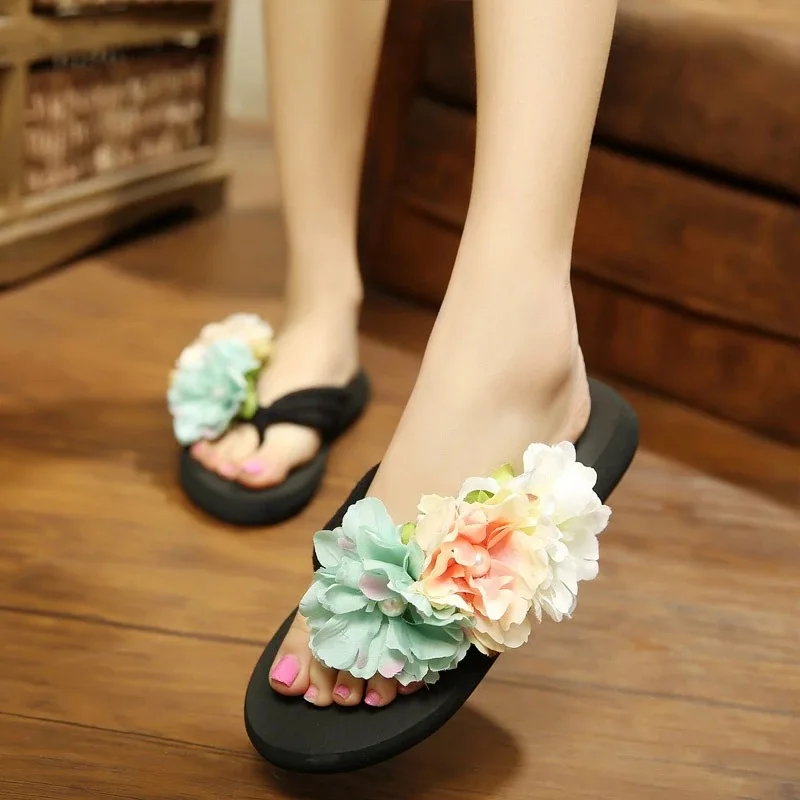 

Summer Towel Semi-high Heeled Flowers End Bump Terry Cloth Thick Bottomed with Angle Flip-flops WOMEN'S Slippers