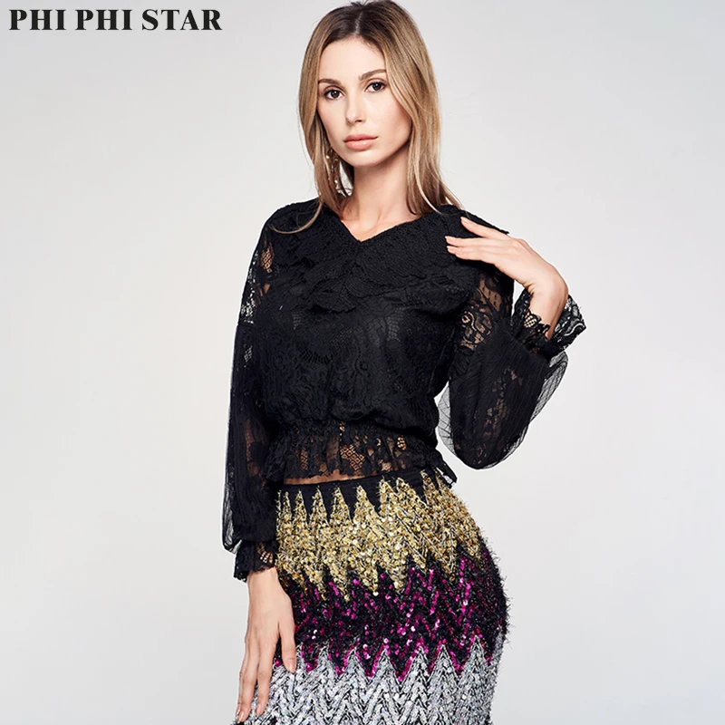 

Phi Phi Star Brand young ladies top sexy Black mesh long sleeve women short top V Neck Lace Smock blouse