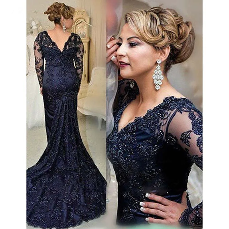 

Navy Blue V-neck Long Sleeves Sweep Train Lace Mother of the Bride Dresses 2019 Plus Size Mother Gowns