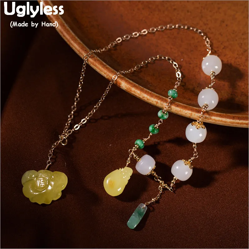 

Uglyless Luxury Multi Treasure Gemstones Beads Necklaces Women Jade Amber Beeswax Emerald Chokers Real 925 Silver Jewelry P742