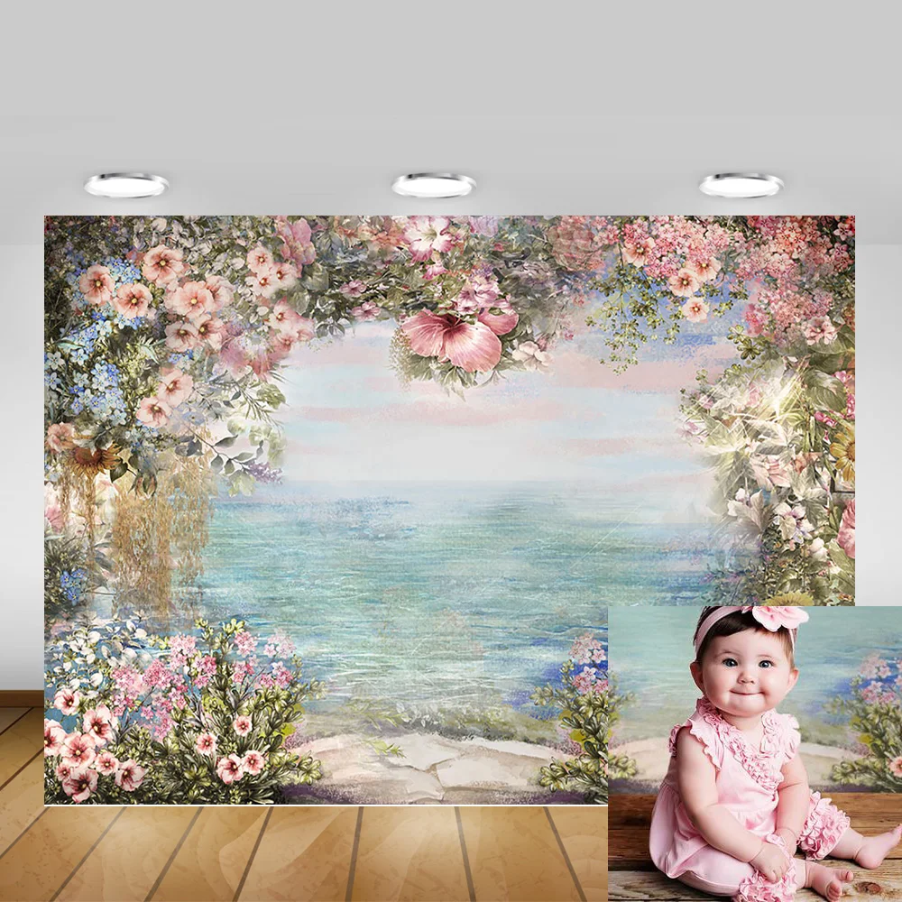 7x7FT Vinyl Backdrop Photographer,Seascape,House Colorful Flowers Photo Backdrop Baby Newborn Photo Studio Props