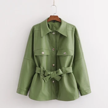 

Womens solid color belted short leather jacket 2020 fashion new ladies simple elegant retro female leather jacket