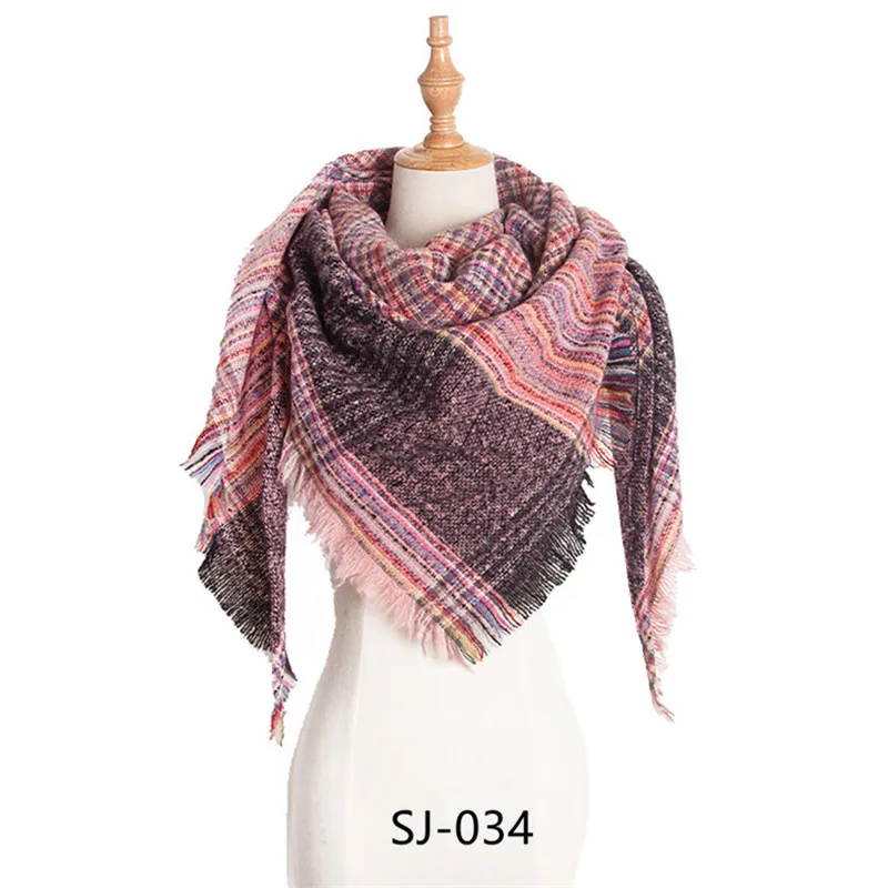 Женский зимний клетчатый треугольный шарф, шали, теплые кашемировые шарфы, женское одеяло, шарф из шерсти, пашмины, женские шали, Платки для женщин - Цвет: 34