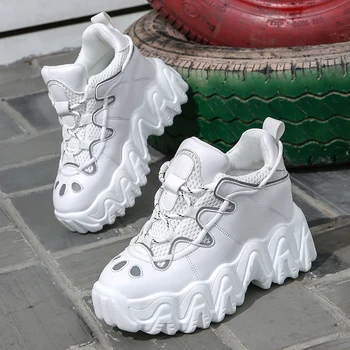 

Rubber Ladies Shoes PU Super High Heels Platform Shoes Woman Spring Lace-up Sneakers Women Casual Wedges Women Vulcanized Shoes