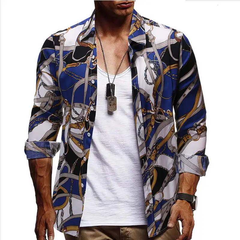 Men Hawaiian Shirt Long Sleeve Floral Print Mens Dress Formal Shirts Camisa Social Masculina Men Casual Slim Fit Tops Shirt 2XL