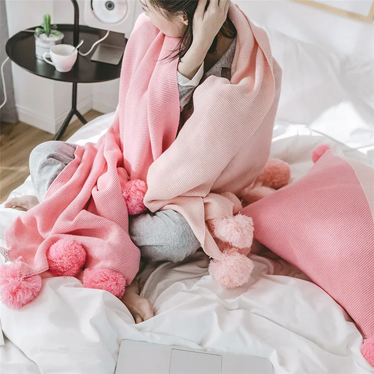 Розовое, серое вязаное одеяло, пледы, вязаное одеяло, s постельные принадлежности, чехол для дивана в том же стиле, чехол для подушки с плюшевым шариком, наволочка