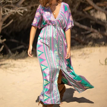 

Women V neck Beach Maxi Dress Bikini Cover up Beach Wear Front Slip Sexy Holiday Dress Bathing suit Women Cover- ups Kaftan