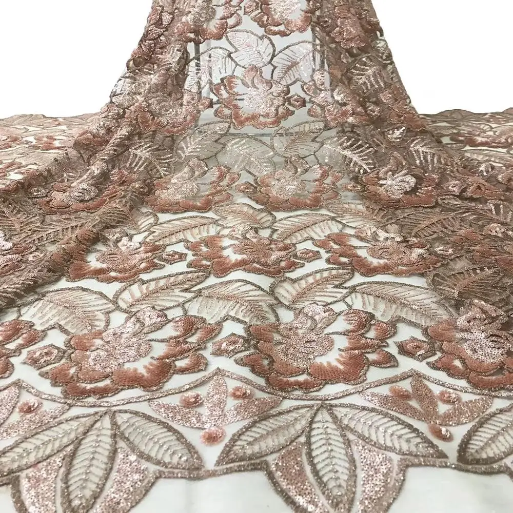 ^Cheap Peach gold african lace fabric high quality 2020 sequence lace fabric for women nigeran aso ebi wedding dresses lace fabric