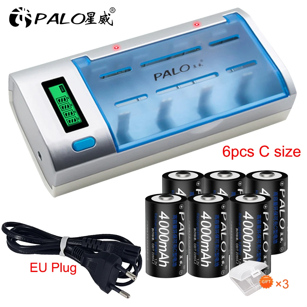 PALO R14 C Cell battery C size rechargeable battery 1.2V 4000mAh NI-MH + intelligent fast charging LCD charger for AA AAA C D 9V coin cell Batteries