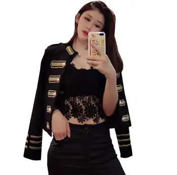

2020 Spring Women Stand Collar Short Jackets Military Style Double-breasted Jackets Vintage Gold Thread Embroidery Coats r894